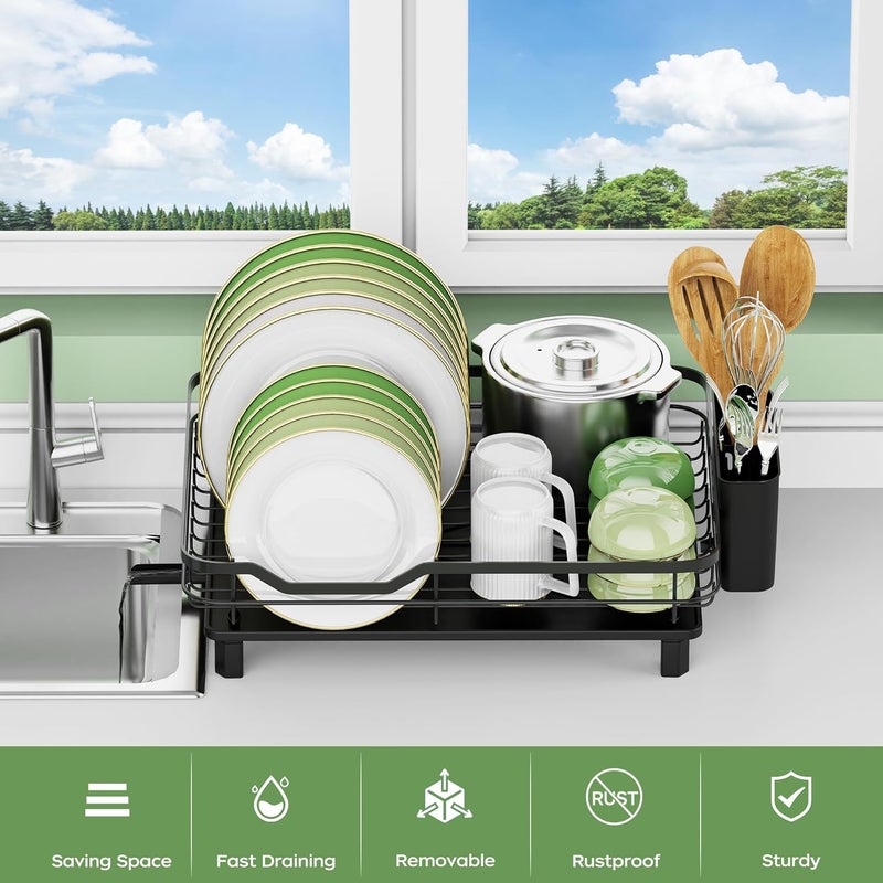 Rottogoon Dish Drying Rack, Stainless Steel Rustproof Dish Rack for Kitchen Counter, Sturdy Dish Drainer with Drainboard, Drainage, Utensil Holder for Various Kitchenware, 16.2"(L) x 12.6"(W), Black - Image 2